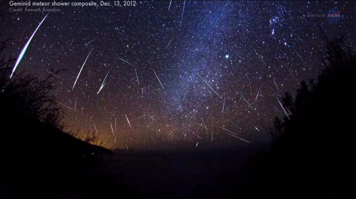 NASA's tweet photo. Earth passing through debris from "rock comet." #Geminid meteor shower peaks tonight: [video] http://t.co/HvVZaGLeAZ http://t.co/lvEyGDgEOz