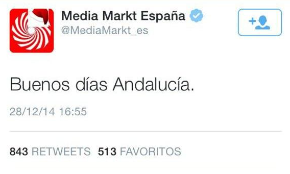 LaLigaenDirecto's tweet photo. La empresa MediaMarkt escribe un tuit dando los buenos días a los andaluces a las 5 de la tarde. Monumental cagada... http://t.co/C1SeFIHtcD
