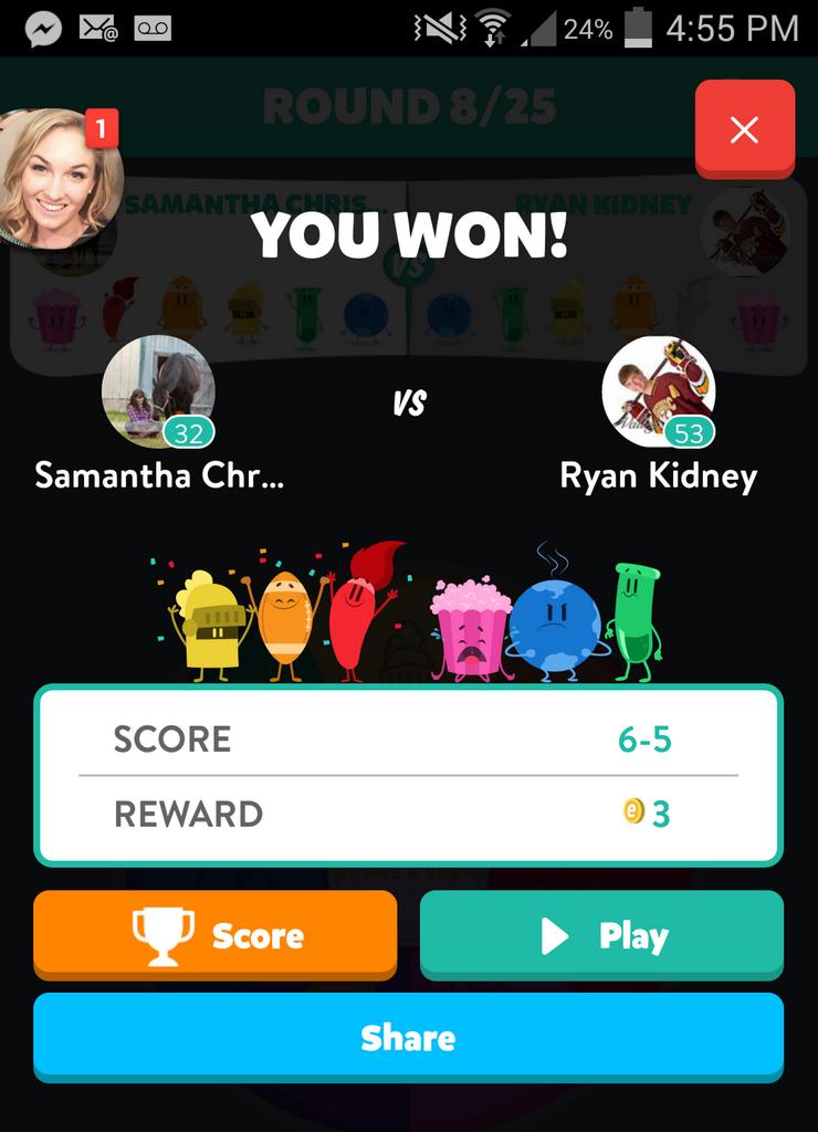 Td5050's tweet photo. Finally! :) for you @shaeriey.   sorry @Rkidney16  haha. :) good game though! #triviacrack #winner #victory http://t.co/Ksj6zO5T8i