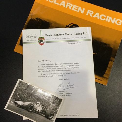 A big <a href="/McLarenF1/">McLaren Mastercard Formula 1 Team</a> fan came by the dealership to share a letter and photos he got from Bruce &amp; Denny in '69. He was 15.