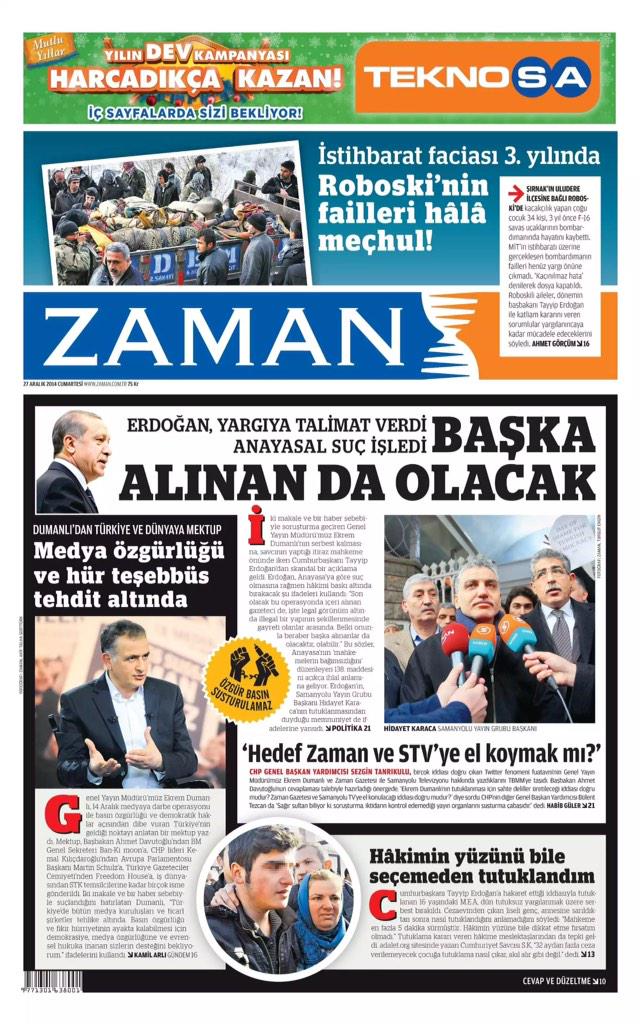 tr724com's tweet photo. Zaman Gazetesi bugünkü birinci sayfa: http://t.co/zy6sxtxLZP