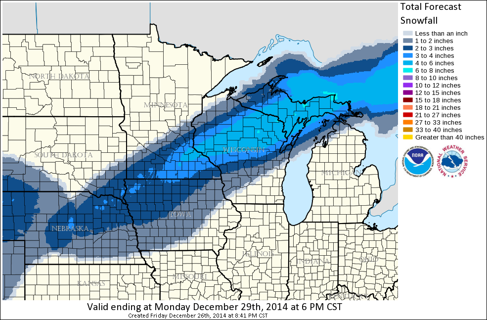 NWSncrfc's tweet photo. Forecast #snowfall in the #NCRFC region during the next 72-hours.  Totals of 3-6 inches possible in WI &amp; MI UP http://t.co/m8P8wIfOPx