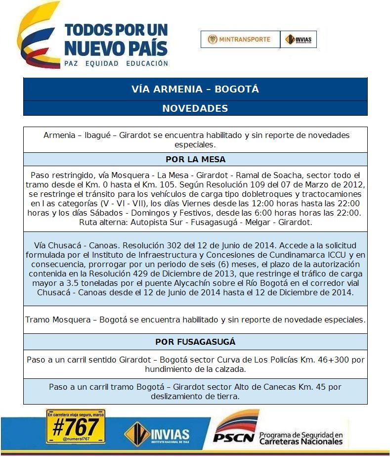 numeral767's tweet photo. @Provisionalops Buenos días, a continuación relacionamos el estado actual de la vía Armenia - Bogotá: http://t.co/YhDIvLSQPr