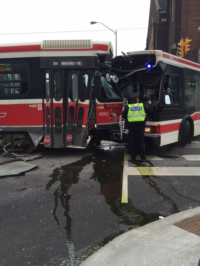 CP24's tweet photo. Five people injured after TTC bus, streetcar collide in east end http://t.co/t4L3cnrU07 http://t.co/73g7hzSclN