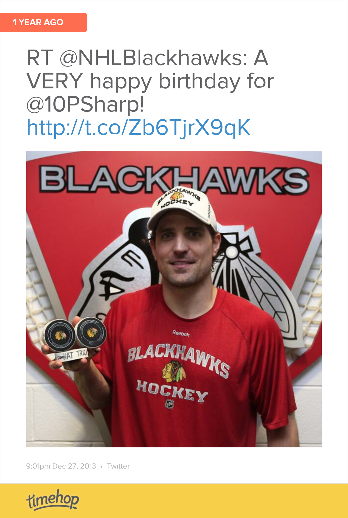 One year ago today Patrick Sharp got a hat trick against the Avs...let\s repeat history, shall we? Happy Birthday... 