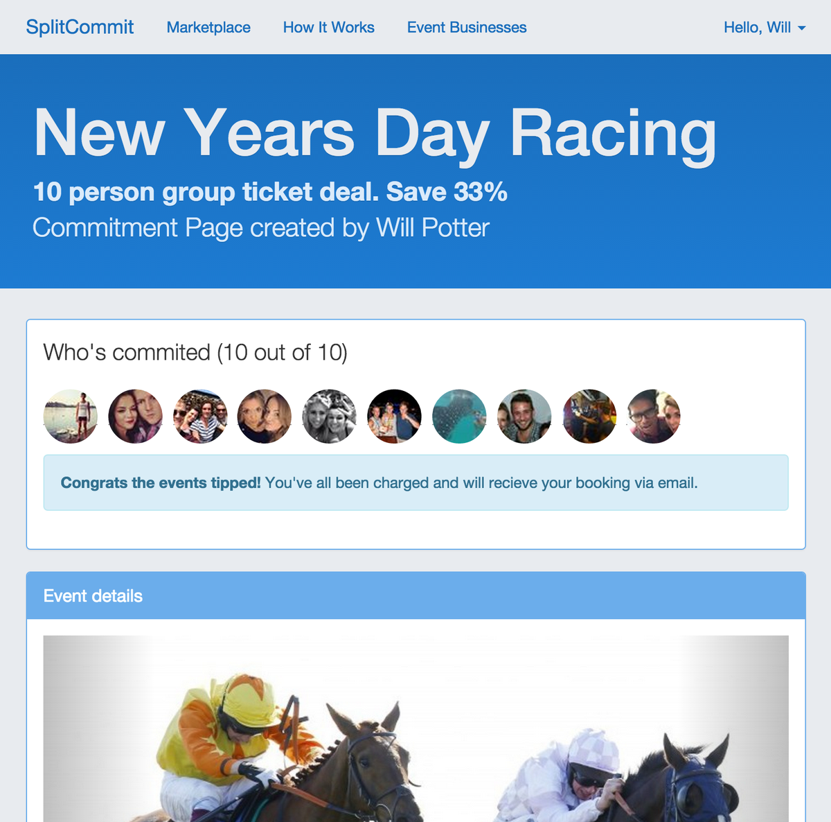 splitcommit's tweet image. First ever Commitment Page to tip! Ten people now attending NY Day Racing at Exeter Racecourse and they got 33% off!