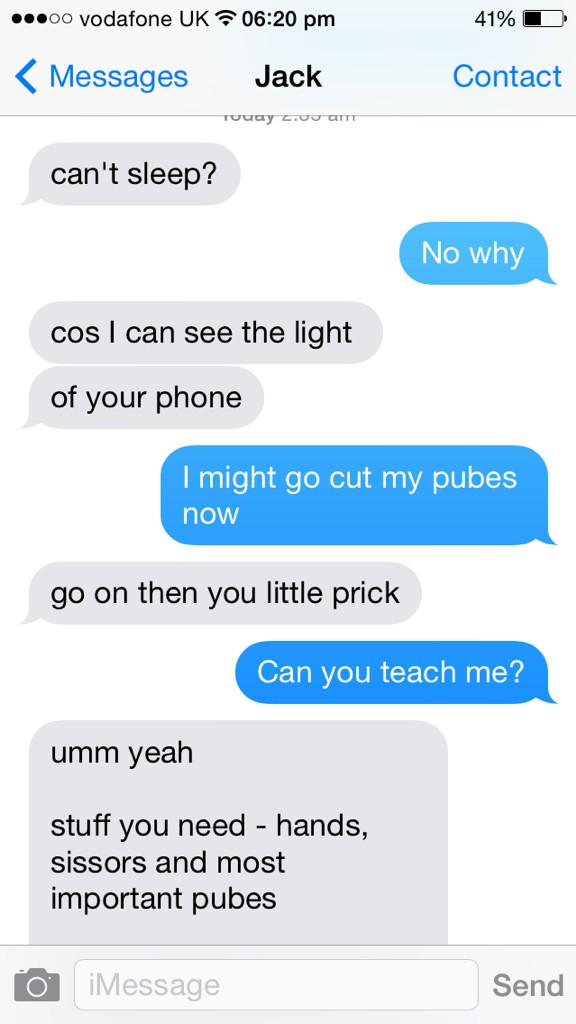 TheBradAllen's tweet photo. My little brother texting me early this morning. Caught him shaving his pubes the other day now he's giving tips http://t.co/krYwKT5znz
