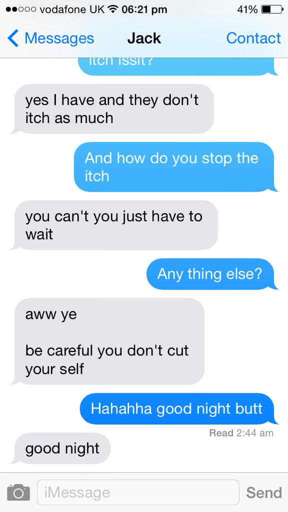 TheBradAllen's tweet photo. My little brother texting me early this morning. Caught him shaving his pubes the other day now he's giving tips http://t.co/krYwKT5znz