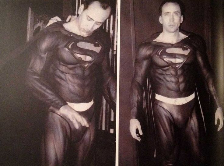 HistoryInFlix's tweet photo. Nicholas Cage testing the Superman costume for Tim Burtons canceled movie Superman http://t.co/z8cb9Lv40h