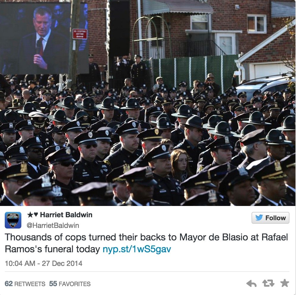 YoungCons's tweet photo. Breaking: Look what THOUSANDS of officers did to Mayor De Blasio at NYPD officer’s funeral http://t.co/Y0yFvAsyX6 http://t.co/tW87EVZlY2