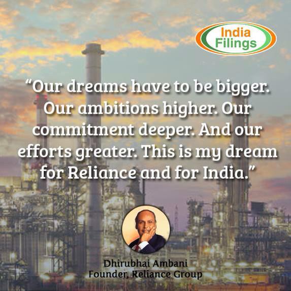 IndiaFilings's tweet photo. Our dreams have to be bigger, ambitions higher, commitment deeper and efforts greater - Dhirubhai Ambani #daretodream http://t.co/GjTLOM41Nw