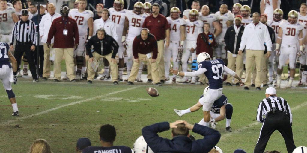 Yankees's tweet photo. The kick that sent the @PinstripeBowl to OT. http://t.co/GCFLfk6GRC