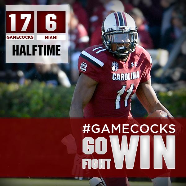 GamecockFB's tweet photo. HALFTIME! Carolina leading Miami 17-6. LET'S GO #GAMECOCKS!!!! http://t.co/bFusGyUt1L