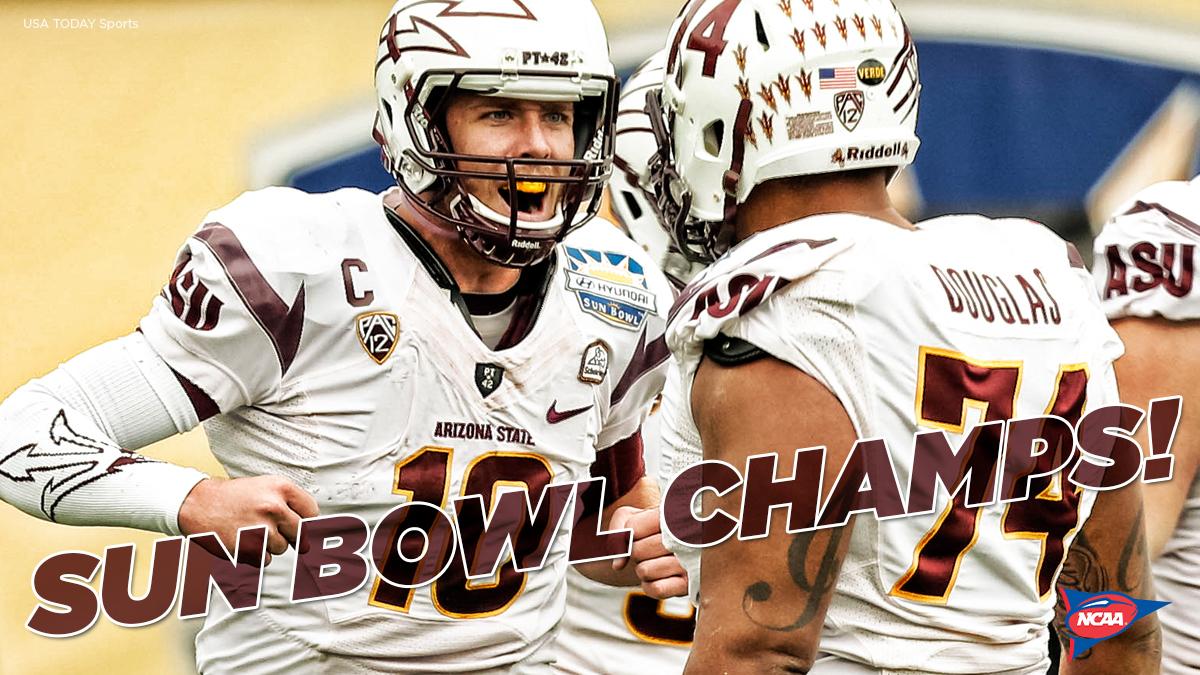 NCAAFootball's tweet photo. At home in the SUN! 
Sun Devils Sun Bowl Champs!

ASU 36 | Duke 31
Recap: http://t.co/MbgiRUSczd http://t.co/Cb3dJ2u2vA