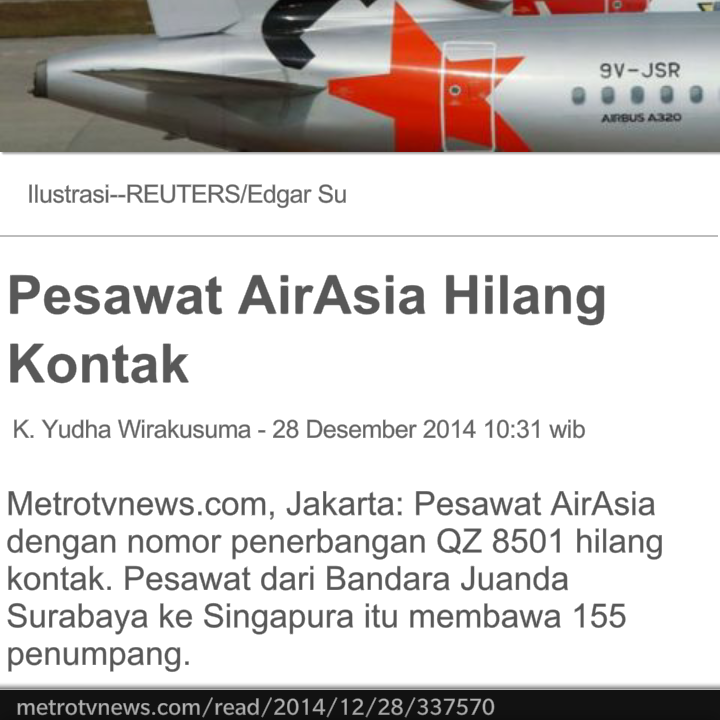INDONESIAinLOVE's tweet photo. Pesawat Air Asia Hilang! : ada 149 Warga Indonesia #DoakanKetemuDanSelamat http://t.co/GuA5Z5iDSt