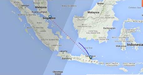 HLNTV's tweet photo. Projected path for @AirAsia flight QZ8501 that was en route from Surabaya, Indonesia, to Singapore. Search under way. http://t.co/7y0QVTXwRN
