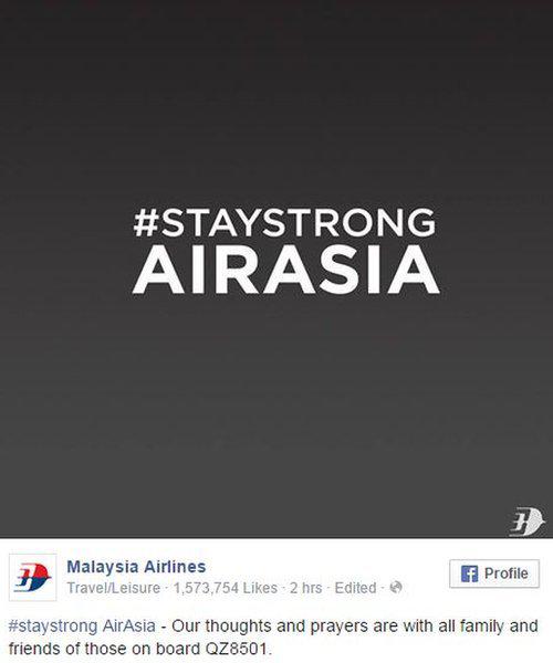 BBCNewsAsia's tweet photo. Malaysia Airlines expresses solidarity with @AirAsia in this image posted on Facebook. LIVE: http://t.co/ydDoWBfMD8 http://t.co/oMdjMkZKds