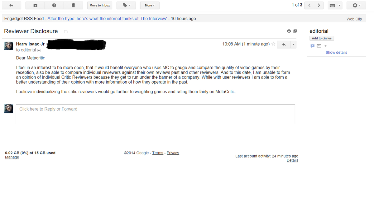 HarryIsaacJr's tweet photo. #OPMeta #GamerGate #NotYourShield 
Just sent an email. http://t.co/fXxPDpdmGT