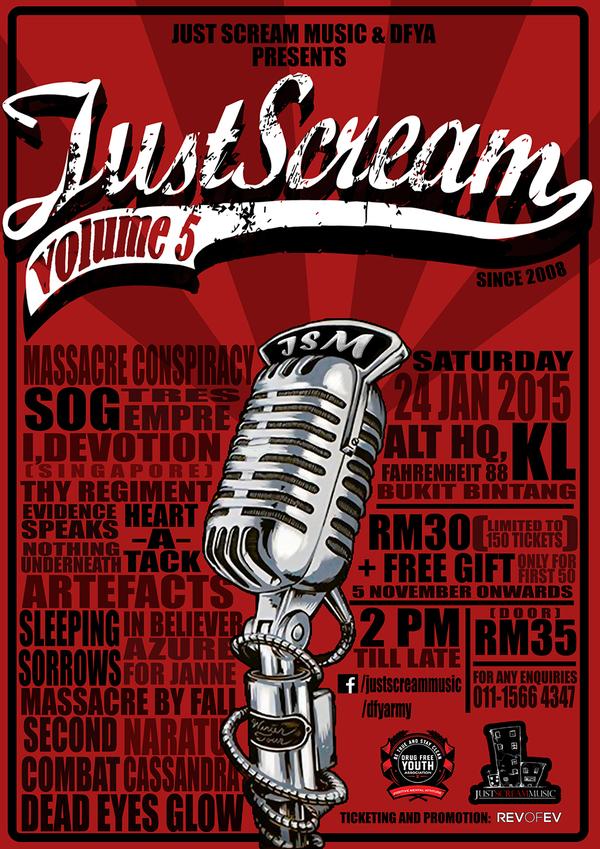 Jan 24, 2015 #JustScream5 2pm Alt+HQ ft <a href="/MC16band/">Massacre Conspiracy</a> <a href="/TresEmpre/">Tres Empre</a> <a href="/AZUREFORJANNE/">AZUREFORJANNE</a> <a href="/artefactsband/">ARTEFACTS</a> <a href="/naratukd/">Naratu</a> <a href="/CassandraXHC/">CassandraHC</a> ++
