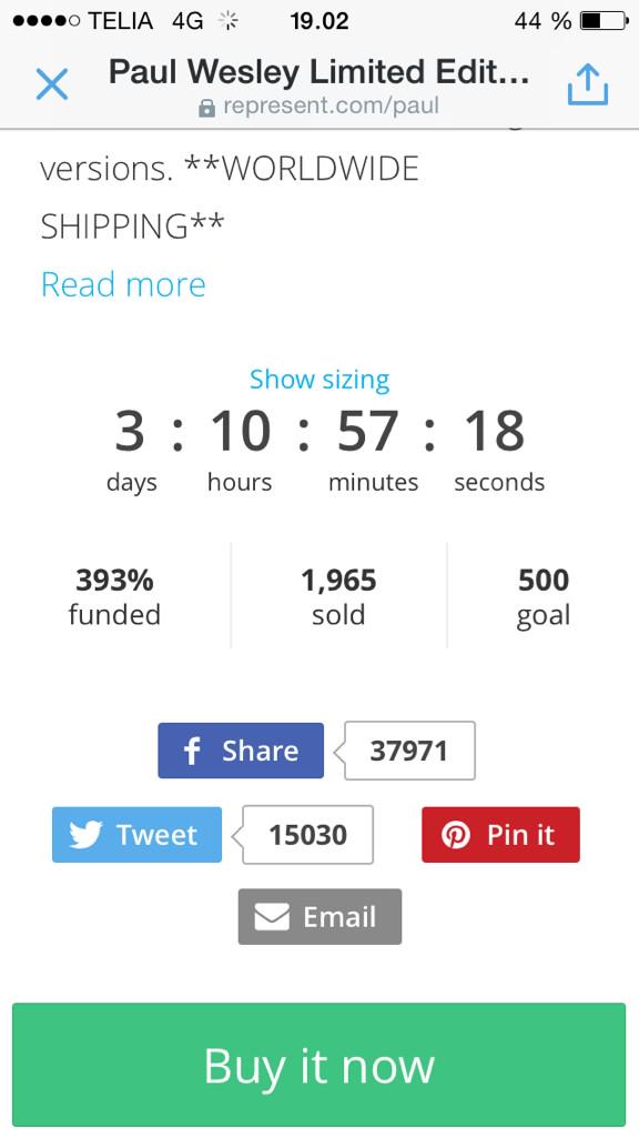 3 days to go. 1,965 sold. Help <a href="/paulwesley/">Paul Wesley</a> sell 10,000 shirts &amp; support the <a href="/HumaneSociety/">Humane World for Animals</a>. represent.com/paul