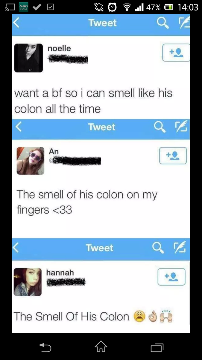 dumb_pundit's tweet photo. @erikadouros424 some girls just like the smell of their colon i guess http://t.co/dG1yBi4b29