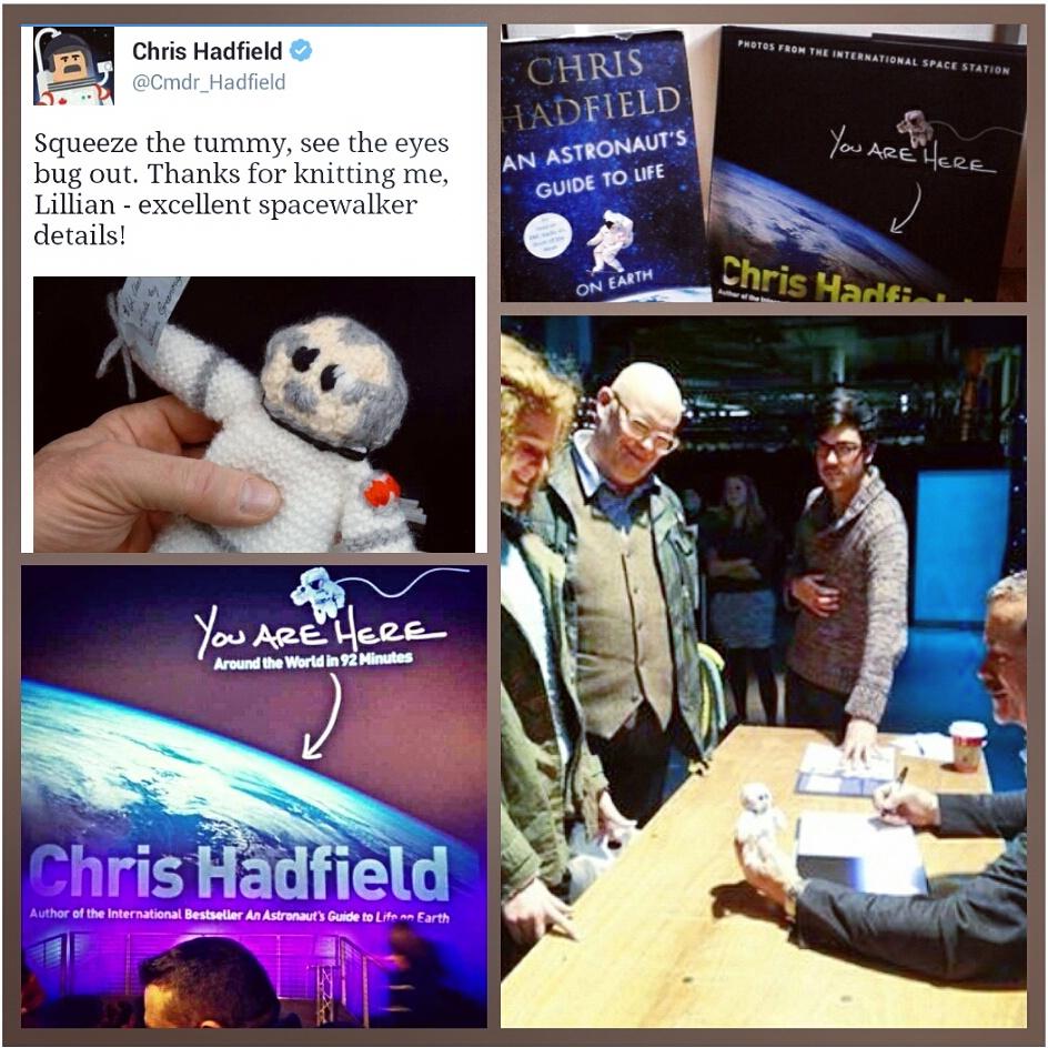 _Lily_HG's tweet photo. http://t.co/f3HL7DmE9O Went to see @Cmdr_Hadfield yesterday got my books signed and gave a knitted version of himself http://t.co/5FB86NNgbD