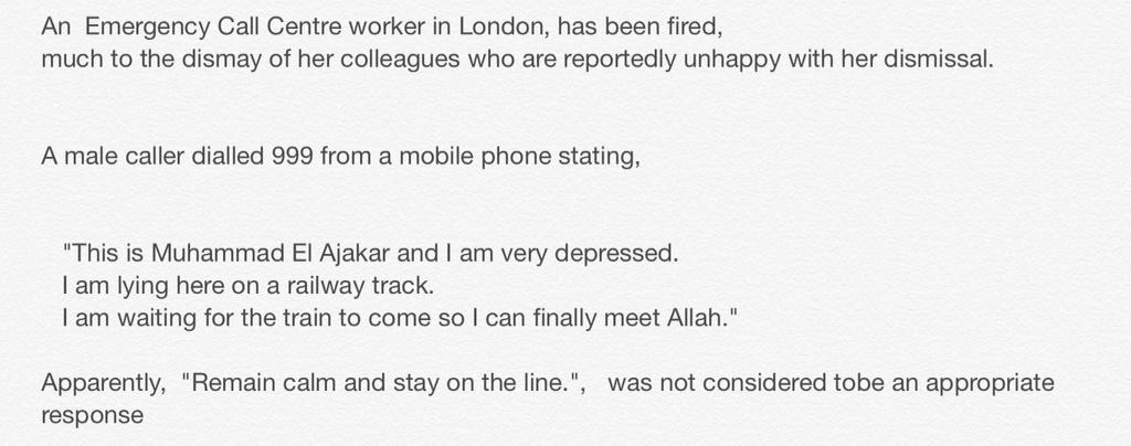 PJA1066's tweet image. Emergency Call centre worker fired.
