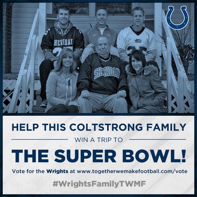 ColtsLife's tweet photo. Help this #COLTSTRONG family win a trip to the Super Bowl! #WrightsFamilyTWMF Vote here: http://t.co/b7WEGTB8MQ http://t.co/jTP1o4rVvN