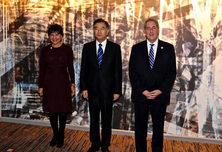 SecPritzker's tweet photo. .@USTradeRep @MikeFroman and I welcome Vice Premier Wang Yang and the Chinese delegation to #Chicago for 25th #JCCT http://t.co/mfzmhqWwR6