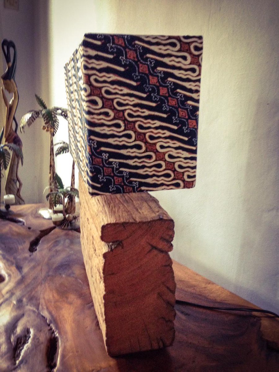 Private_Villa's tweet photo. Bed lamp of Di Kayu, with reclaimed "Bangkirai" wood, or Iron wood, from railway sleeper. Old Batik as a lampshade! http://t.co/ZuHPlQy4Cx