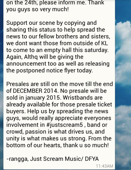 Attention gais and gals! #JustScream5 Sabtu ni di AltHQ ditunda ke bulan 1 nanti ye. Trimas <a href="/Jenn_Thompson/">jennthompson2811</a> <a href="/twt_muzik/">TwtMuzik</a>