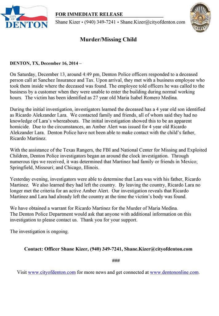 DENTONPD's tweet photo. Press release that was sent to the DFW media today in reference to the Amber Alert/Homicide on Saturday night. http://t.co/CX5waMeY1f