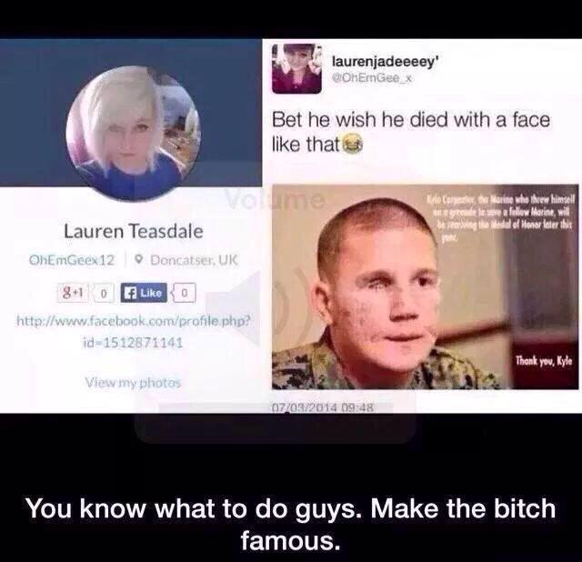 KickinBourbon's tweet photo. You all know what to do... #SupportTheTroops #DisrespectfulCunt http://t.co/LOiBq6cgys