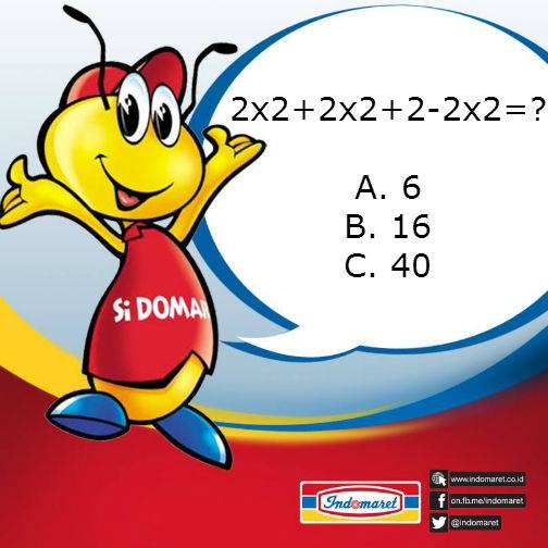 "<a href="/Indomaret/">Indomaret</a>: 2x2+2x2+2-2x2=? " A.6