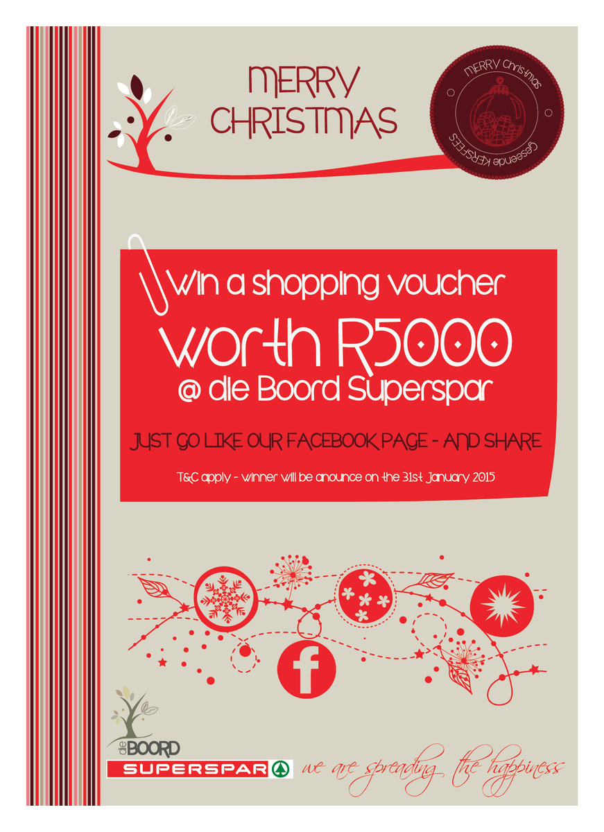 Go like our Facebook page to stand a chance to WIN a R5000 shopping voucher <a href="/dieboord/">Die Boord Superspar</a> Superspar!