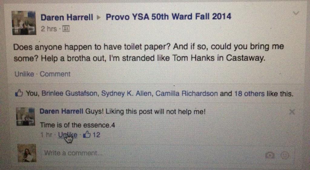 gabs_wright's tweet photo. Hahahahahah poor guy, so desperate he posted to our ward facebook group 😂 http://t.co/8IO3yvJLGc