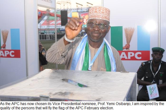 UTAlmakura's tweet photo. VP nominee: Prof. Yemi Osibanjo, I am inspired by the quality of the persons to fly the flag of the APC #taal2015 http://t.co/ohecwMKPFY