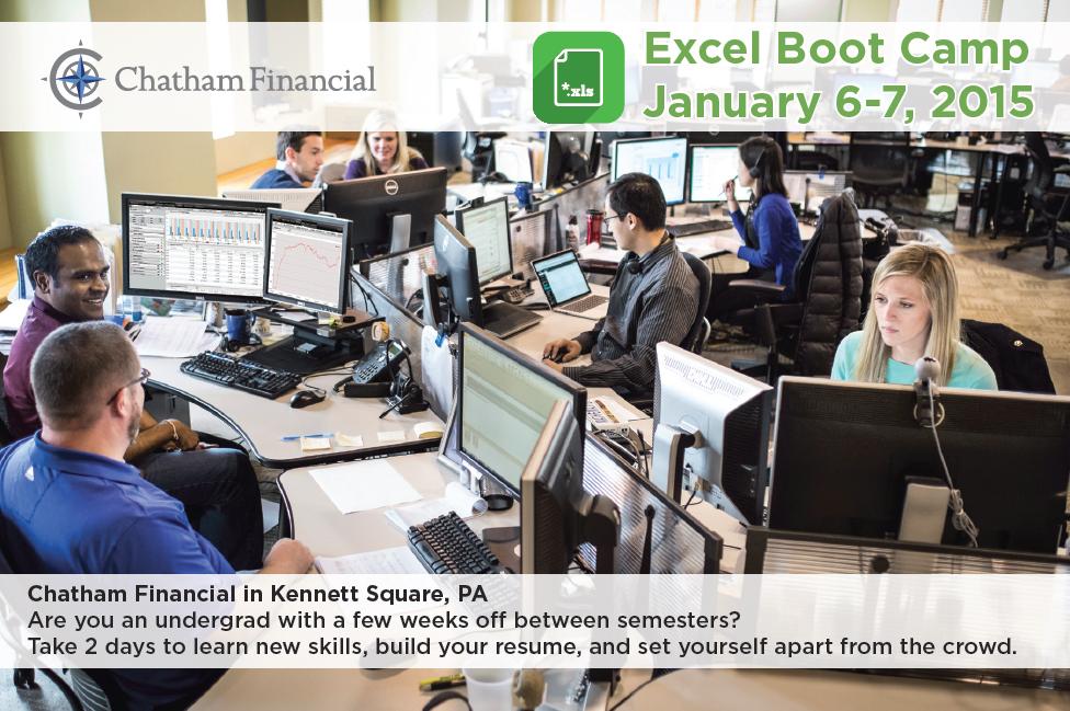 ChathamFin's tweet image. In 2 weeks: Undergrad time off? Excel Boot Camp 1/6 & 1/7, 2015. #ChathamBootCamp bit.ly/1oop17r