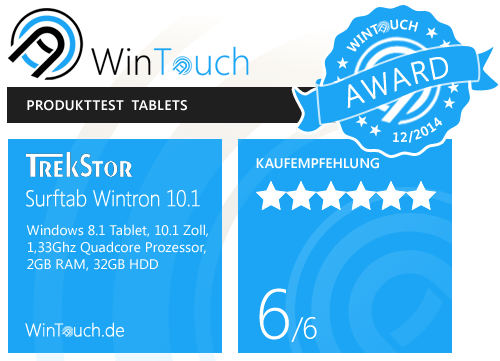 Das SurfTab wintron 10.1 hat den Wintouch Award und eine Kaufempfehlung mit 6 von 6 Punkten erhalten. Wir freuen uns!