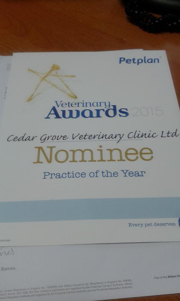 CedarGroveVets's tweet photo. Thanks everyone who has nominated us!
@PetplanUK #VetAwards2014 http://t.co/o04MiQY1Bp