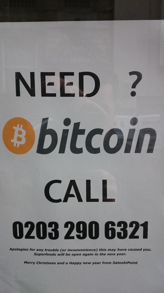 SatoshiPoint's tweet photo. @BitcoinBristol @eatSuperFood will be back open in the new year! if you need coins? call us #bristol @satoshipoint http://t.co/QJOqGOYjPI