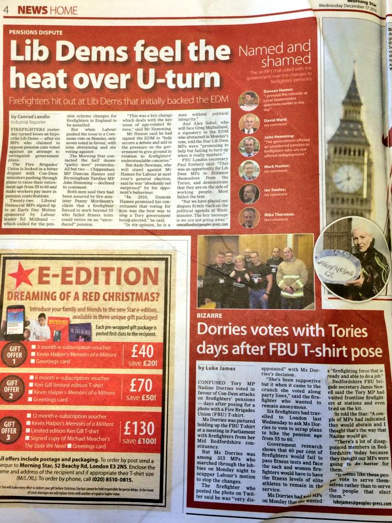 SuzyWrack's tweet photo. Check out @M_Star_Online for details of the firefighter pensions vote two-faced LibDem MPs @fbunational  @MattWrack http://t.co/MF9fk7MKqL