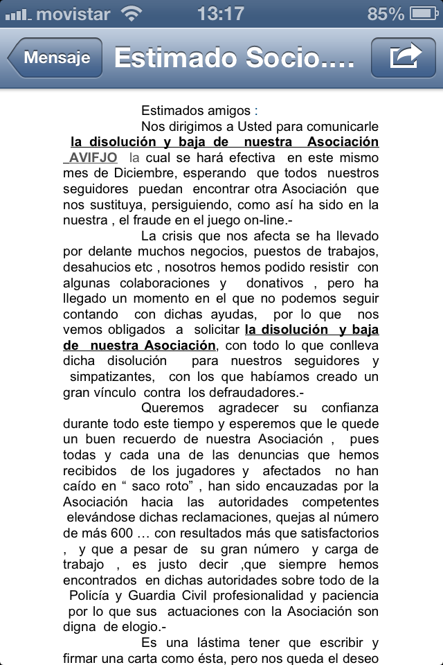 AVIFJO's tweet photo. COMUNICADO ASOCIACIÓN VICTIMAS DE FRAUDE EN EL JUEGO ONLINE: http://t.co/rsgp96Tv46