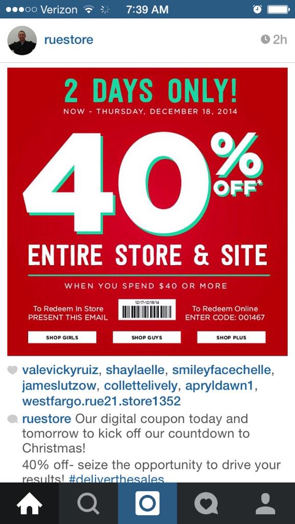 NewRue21's tweet photo. 40% off of $40?!? Last week to finish your Christmas shopping.. So why not save? ✨ @megsbutler01 #rue21 http://t.co/LZyDfbex7x