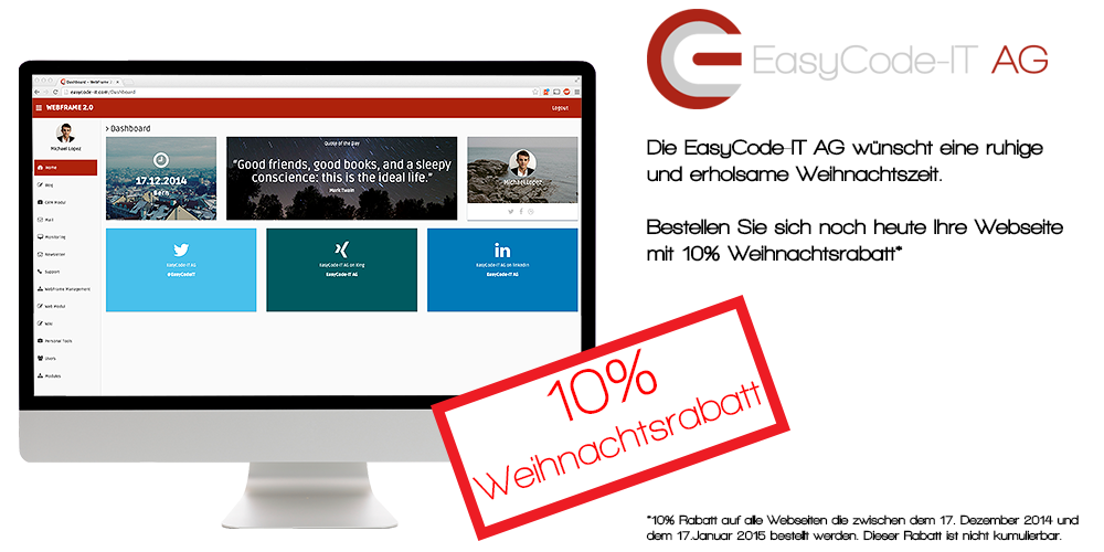 EasyCodeIT's tweet image. Die EasyCode-IT AG wünscht frohe Festtage.
Unser Weihnachtsrabatt, 10% auf alle Webseiten.
easycode-it.com