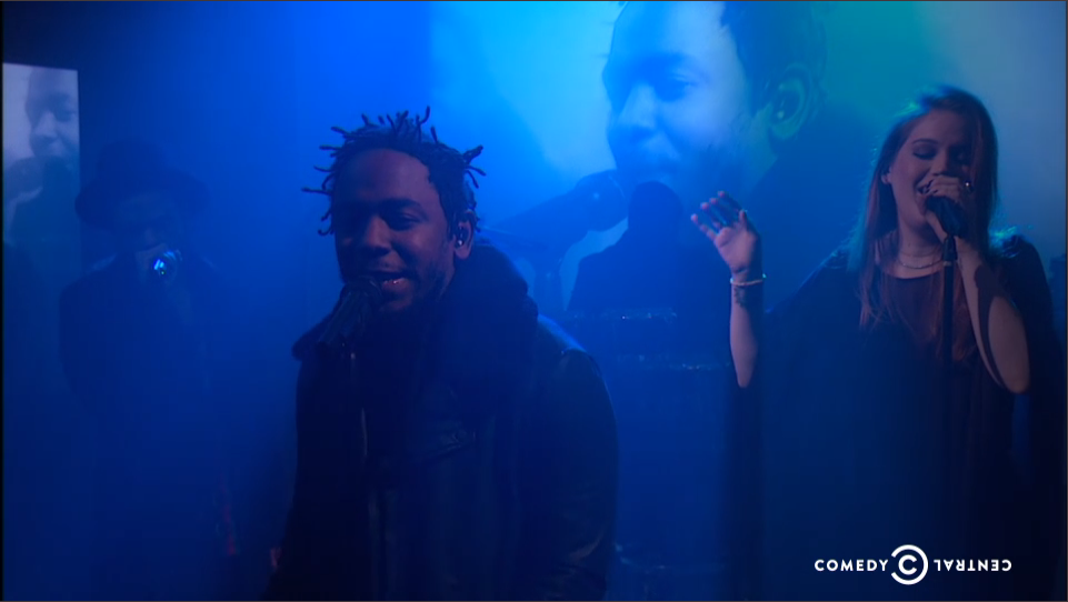 BerkleeCollege's tweet photo. Check out #Berklee alumna Anna Wise '10 with #kendricklamar on #TheColbertReport last night: http://t.co/nGN01k6jg3 http://t.co/oijlLM07MR