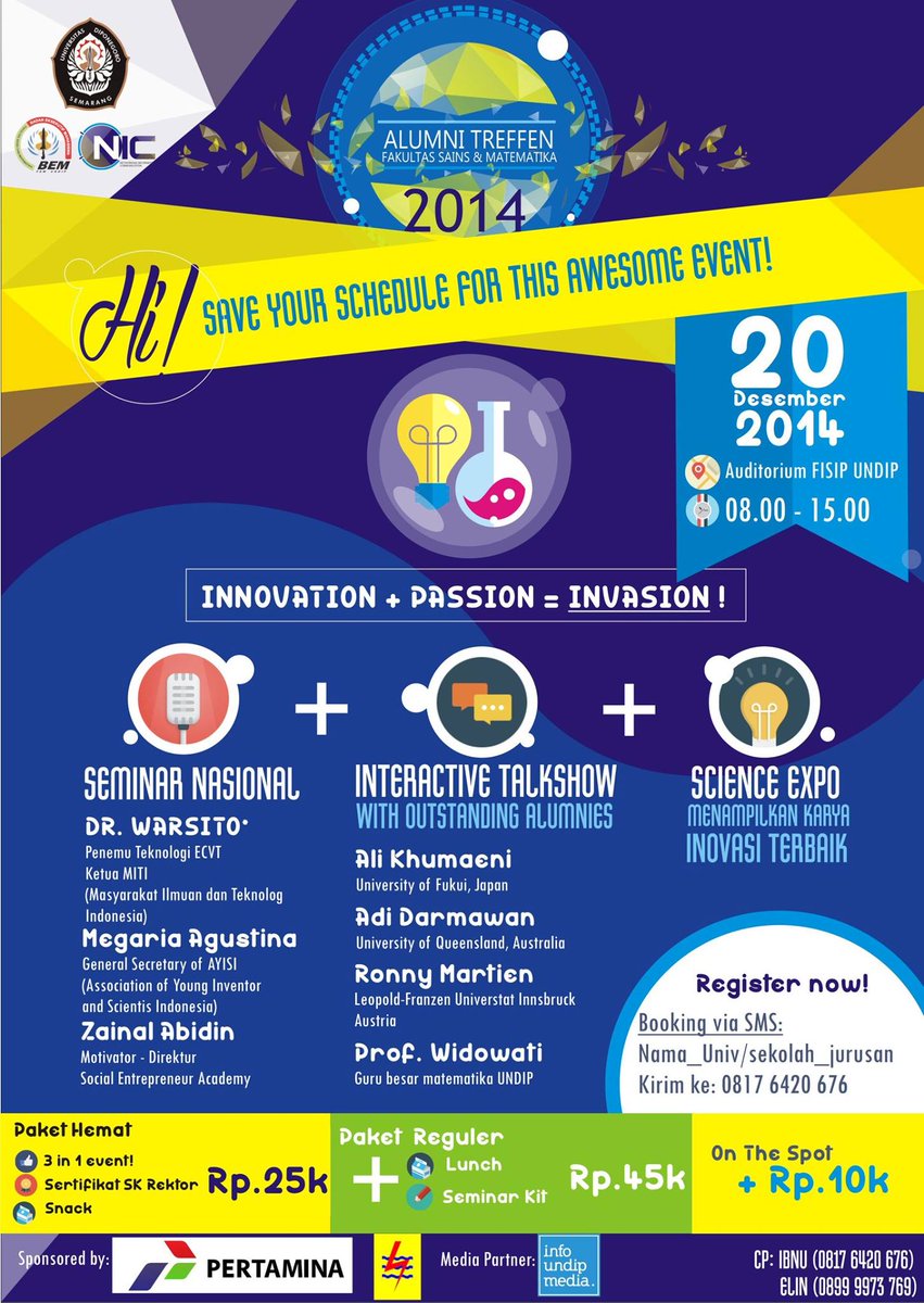 BEMFSMUNDIP's tweet photo. Come join Alumni Treffen|20 Des| PS: 45k, OTS: 55k, Pahe: 25k |CP Ibnu: 0817420676 @RISTEK_HMS http://t.co/q3PvIK7m93