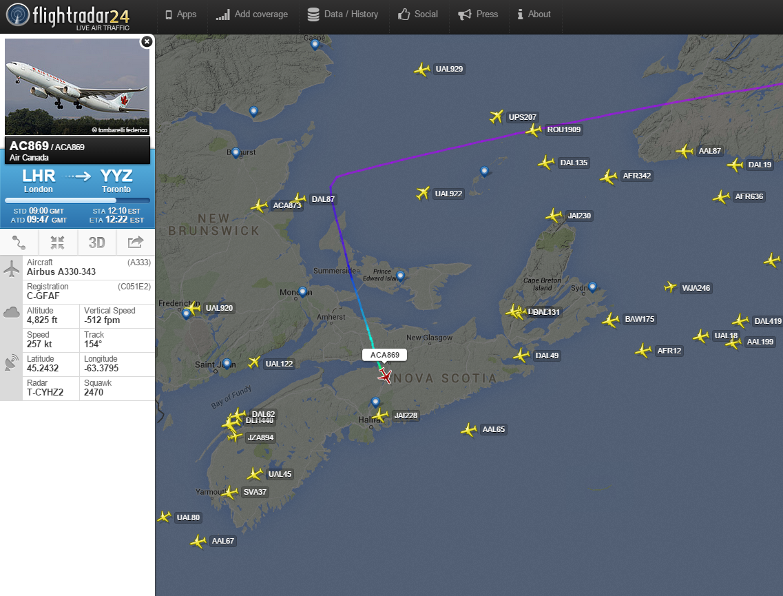 flightradar24's tweet photo. #AC869 RT @AirCanada: @iiShadster We regret to inform you that flight diverted to Halifax due to an unruly passenger http://t.co/DXx1rpArkF
