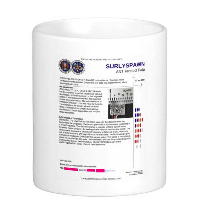 Privacy_Genius's tweet photo. SOLD! 11 oz microwave safe coffee mug printed with NSA ANT Catalog document. http://t.co/HpPwvWoROj http://t.co/2n2Y7VYAuf