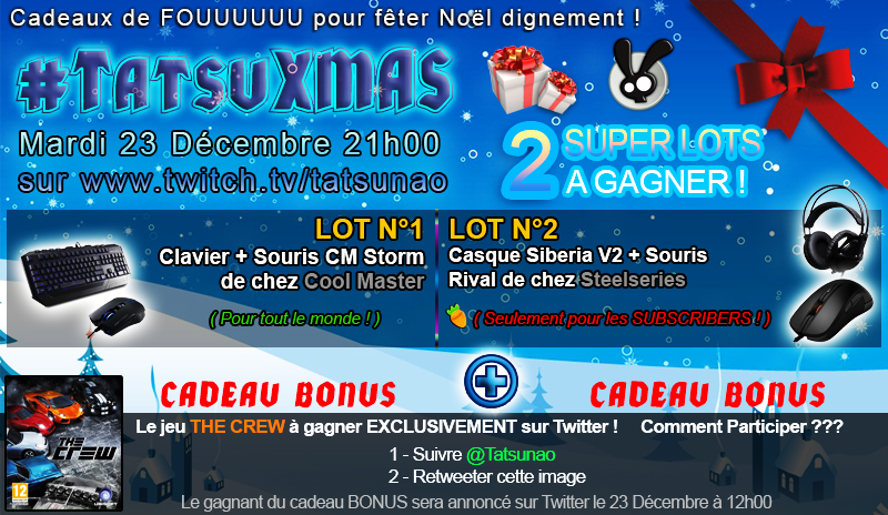 Tatsunao's tweet photo. Concours #TatsuXMAS
2 MEGA lots à gagner sur http://t.co/vpMNXzjTkX
Pour participer au LotBonus, RT+Follow @Tatsunao http://t.co/iCPSqXmYBl